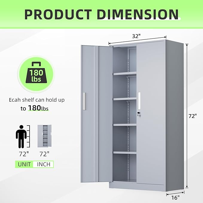 INTERGREAT Metal Lockable Storage Cabinet, 72” Storage Cabinet with 2 Doors and 4 Adjustable Shelves for Office, Home, Garage, Pantry (Assembly Required, Cement Gray)