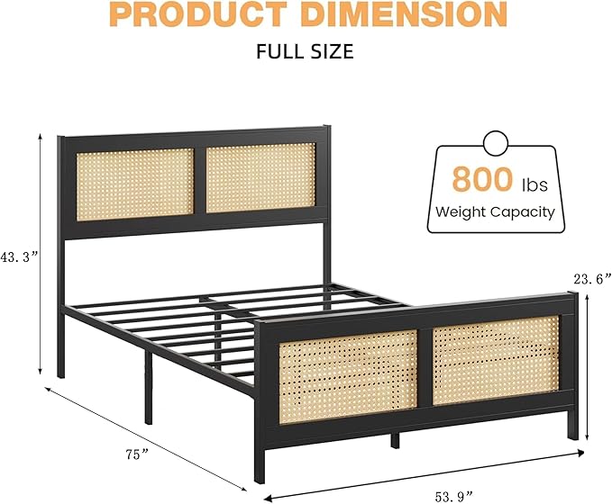 GarveeHome Full Size Bed Frame with Headboard, Boho Rattan Bed Frame with Strong Metal Slat, Noise Free, No Box Spring Needed, Black and Natural