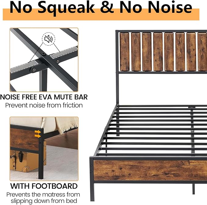 GarveeHome Full Size Bed Frame with Wood Headboard, Metal Platform Bed Frames with Heavy Duty Steel Slats, No Box Spring Needed, Under Bed Storage, Rustic Brown, Full