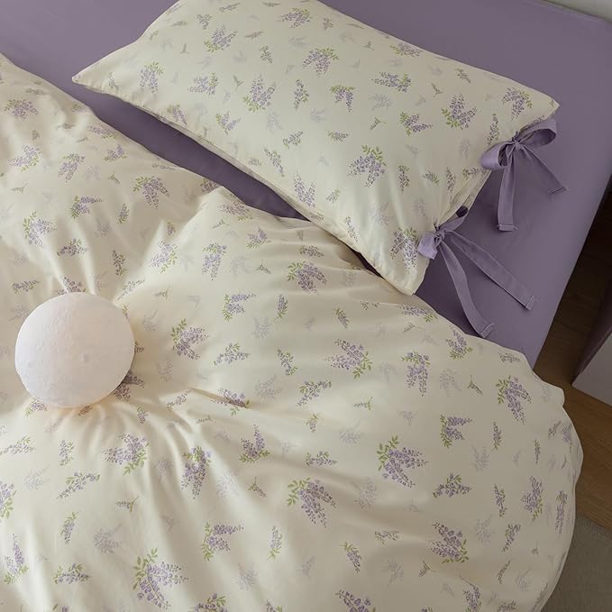 mixinni Lavender Flower Duvet Cover Queen Cotton Teenage Girls Flower Leaf Print 3pc Soft Cottage Ribbon Bedding Set Comforter Cover with Bowknot Pillowcase Perfect for Girls- (3pcs, Queen Size)