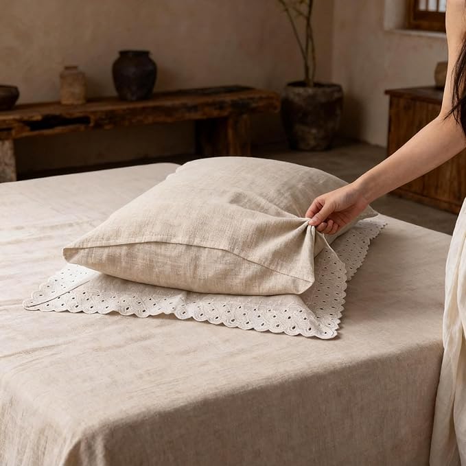 CHUFFED 100% French Linen Pillowcases with Embroidery Lace,French Vintage Style Stone Washed Breathable Pillow Covers King Size Set of 2 with Envelope Closure for Decor,20x36 inches, Natural Linen