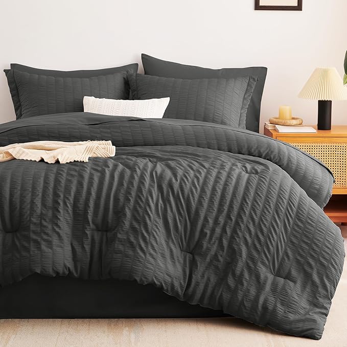 CozyLux Oversized Queen Comforter Set Dark Grey Seersucker 7 Pieces 98x98 Bed in a Bag Comforter Set with Sheets, Luxury Bedding Sets Down Alternative Comforter, Sheets, Pillowcases & Shams, Dark Gray