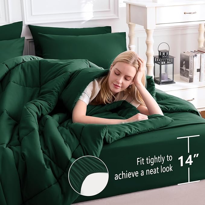 CozyLux Oversized Queen Comforter Sets Emerald Green, 7 Pieces Bed in a Bag, Ultra-Soft All Season Bedding Sets with Stitch Quilted Comforter, Flat Sheet, Fitted Sheet, Pillowcases