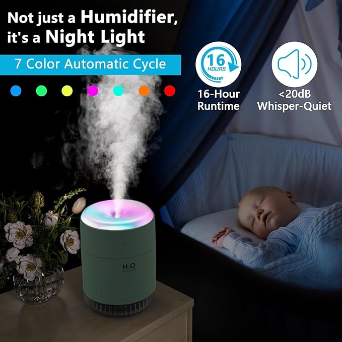 SZO Portable Mini Humidifier, 500ML USB Personal Cool Mist Humidifiers for Bedroom Office Travel Desk, Whisper Quiet 20dB with 2 Mist Modes & Auto Shut-Off, Small Desktop Humidifier(Green)