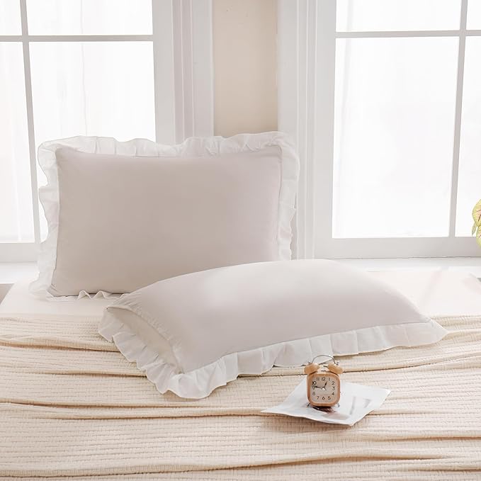 Merryword Beige Pillow Shams Standard Pillowcases 20x26inch Beige and White Reversible Cute Pillow Cover Set of 2 Soft Shabby Chic Ruffled Pillowcases