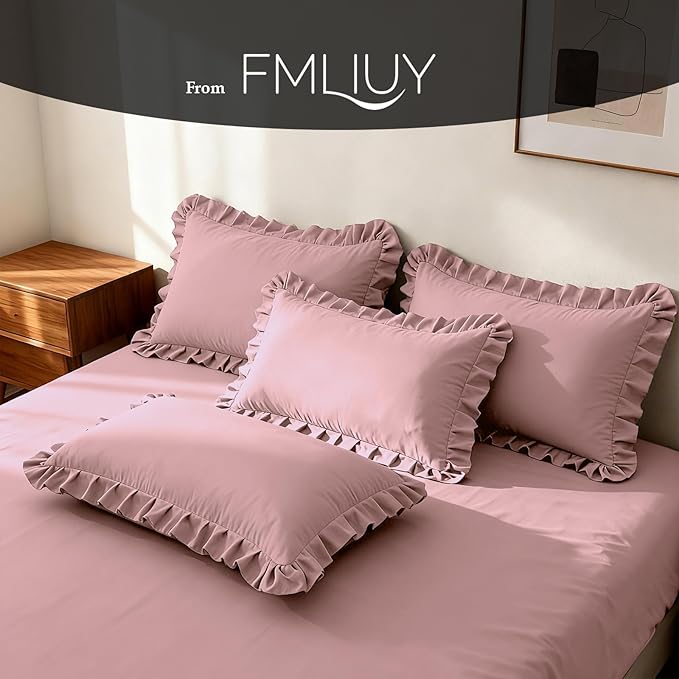 Ruffled Body Pillow Pillowcases Set of 2 – Soft Wrinkle Resistant Brushed Microfiber Body Pillowcases –Envelope Pillow Shams Festive Gift for Hotels, Guest Rooms 20x54 Inch (Pink)