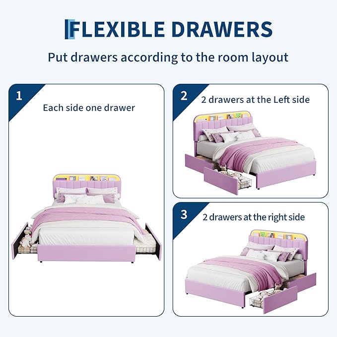 Garvee Full Size Bed Frame with 2 Flexible Drawers, Upholstered Platform Bed Frame with Bookcase Headboard and LED Lights, Kids Bed for Girls, Easy Assembly, Noise Free, Purple