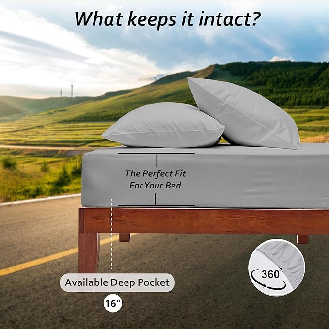 Queen RV Camper Sheet Set (60x80) – 100% Egyptian Cotton, Soft & Cooling, 16” Deep Pocket Fitted Sheet, Luxury Hotel Quality Bedding for RVs, Campers & Motorhomes (Light Grey Solid)