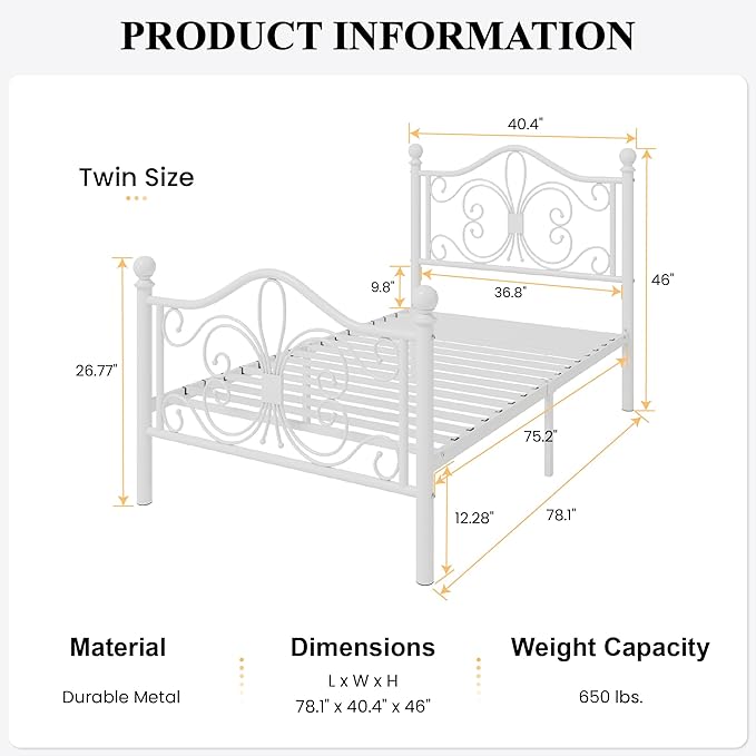 SHA CERLIN Twin Size Bed Frame for Kids,Metal Bed Frame with Butterfly Pattern Design Headboard & Footboard,No Box Spring Needed,Easy Assembly,White