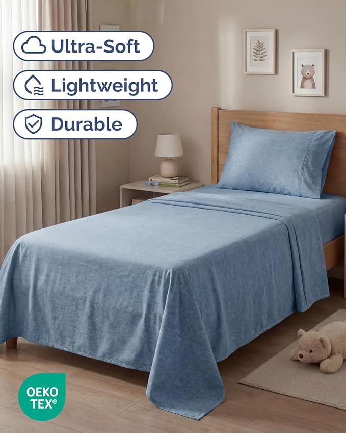 Twin Size 3 Piece Sheet Set - Comfy Breathable & Cooling Sheets - Hotel Luxury Bed Sheets for Women & Men - Deep Pockets, Easy-Fit, Soft & Wrinkle Free Sheets - Heathered Blue Oeko-Tex Bed Sheet Set