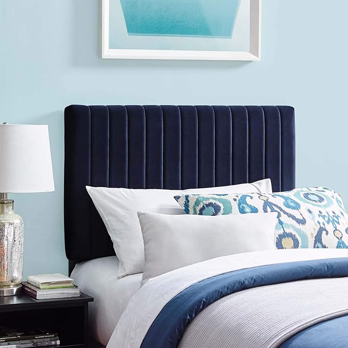 Modway Keira Channel Tufted Performance Velvet Upholstered Twin Headboard in Midnight Blue