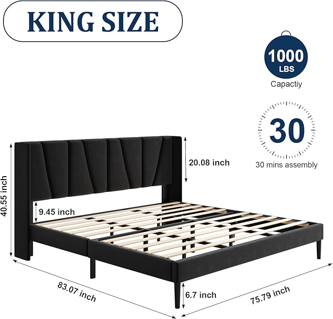 Sismplly King Bed Frame with Headboard, Velvet Upholstered King Size Platform Bed with Wingback, Mattress Foundation with Wooden Slat Support, No Box Spring Needed, Easy Assembly, Noise Free, Black