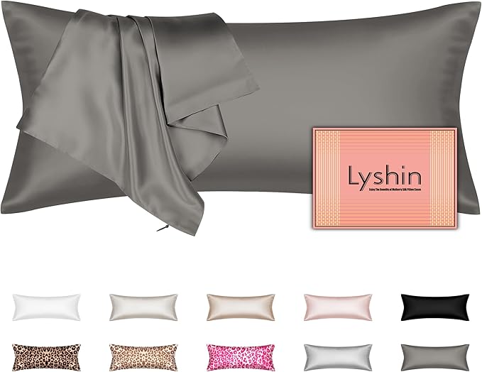 Silk Body Pillow Cover with Zipper, Mulberry Silk Pillow Cases Body Size, Ultra Smooth and Soft Breathable Cooling Silk Satin Body Pillowcase for Hair and Skin, Dark Grey (20x54 Inches, 1 Pack)