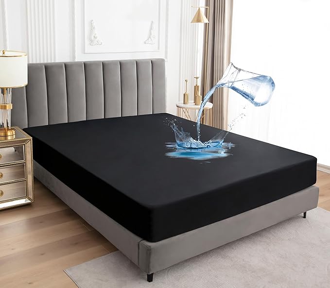 Sufdari Full Size Mattress Protector,Waterproof Mattress Protector,Fitted Sheet Style Mattress Cover with 18" Deep Pocket,Washable and Comfortable-Black,Full
