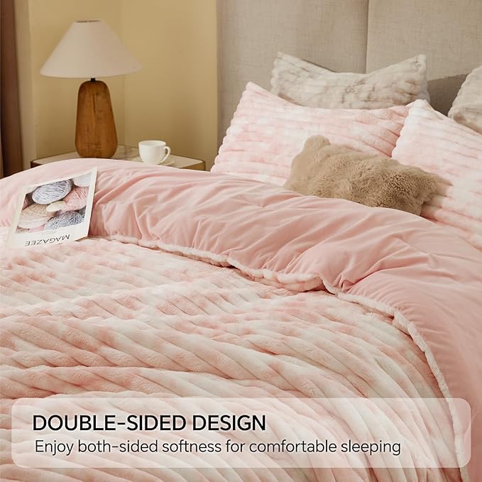 BEDELITE Fleece Twin Comforter Set -Super Soft & Warm Fluffy Pink&White Bedding, Luxury Fuzzy Heavy Bed Set for Winter with 1 Pillow case