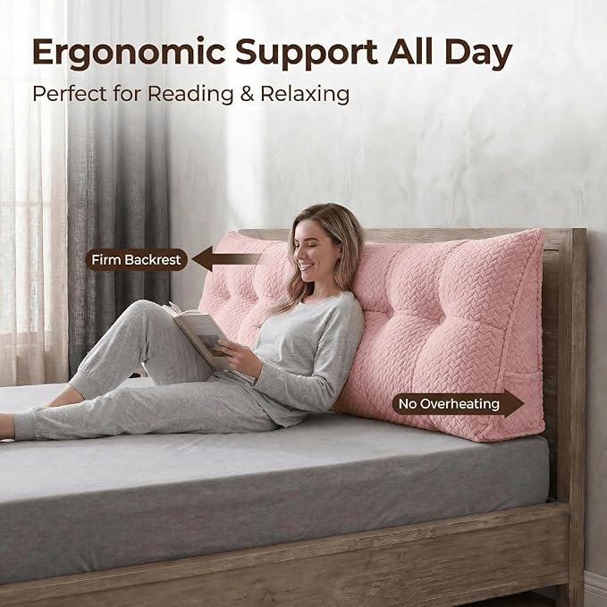 Headboard Pillow King Size, Reading Pillow for Bed, Leaf Pattern Wedge Pillow, Tufted Backrest Support, Headboard Substitute, Pink