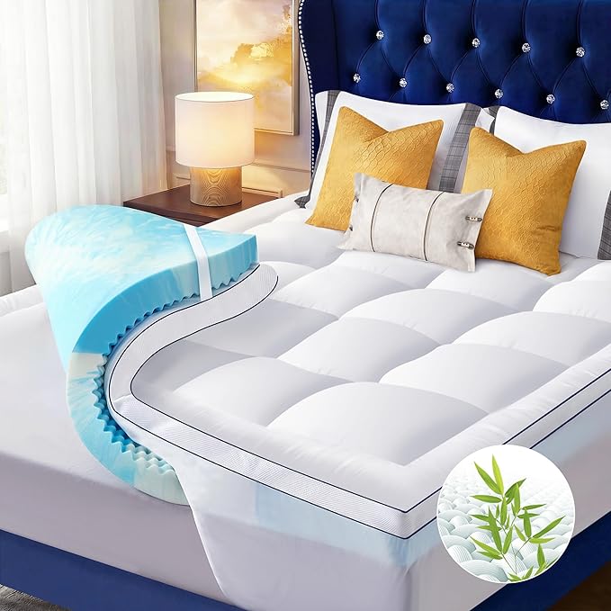 Full Size 4 Inch Dual Layer Mattress Topper, 2 Inch Fluffy Soft Pillow Top Mattress Pad Cover and 2 Inch Gel Memory Foam for Back Pain Relief, Breathable, Cooling