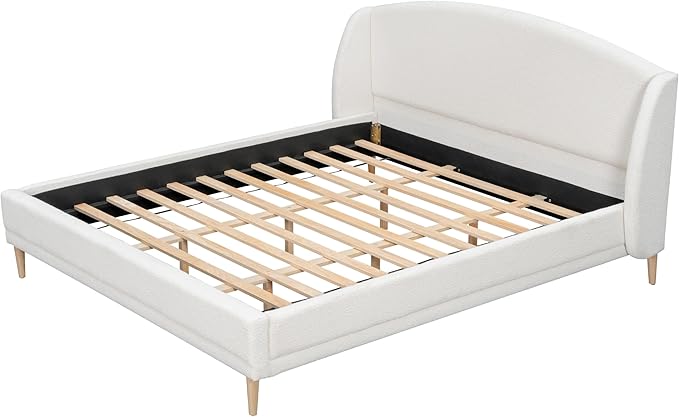 King Size Upholstered Platform Bed Frame with Boucle Fabric Wingback Headboard Solid Wood Legs No Box Spring Modern Bed Frame, White