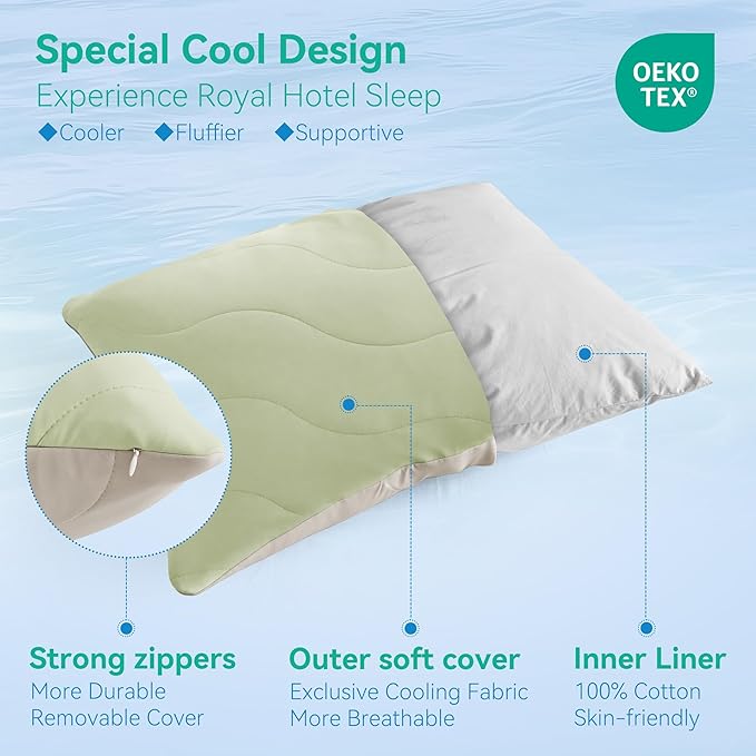 Three Geese Cooling Goose Feather Down Bed Pillows Standard Size Set of 2 for Hot Sleepers, Q-Max>0.45, Cooling Hotel Bed Pillows, Washable Removable Cover, 20" x 26"