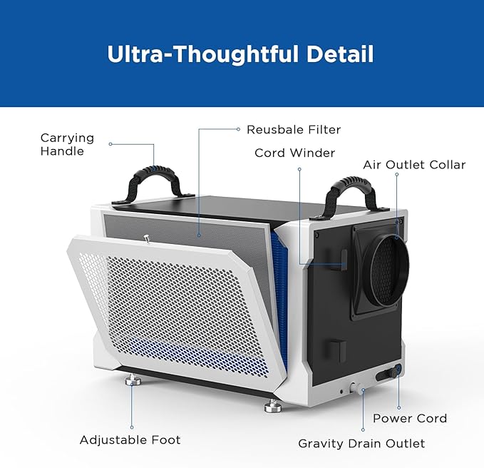 155 Pint Commercial Dehumidifier with Drain Hose for Crawl Spaces, Basements, Industry Water Damage Unit, Large Capacity, Compact, Portable, Auto Defrost, Memory Starting