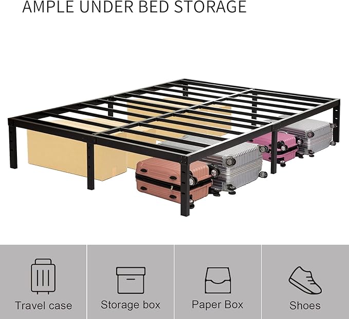 Wulanos King Size Bed Frame with Steel Slats Support, Sturdy and Durable, No Box Spring Needed, 16 Inch High 3500lbs Heavy Duty Metal Platform Frames with Storage, Noise-Free, Black