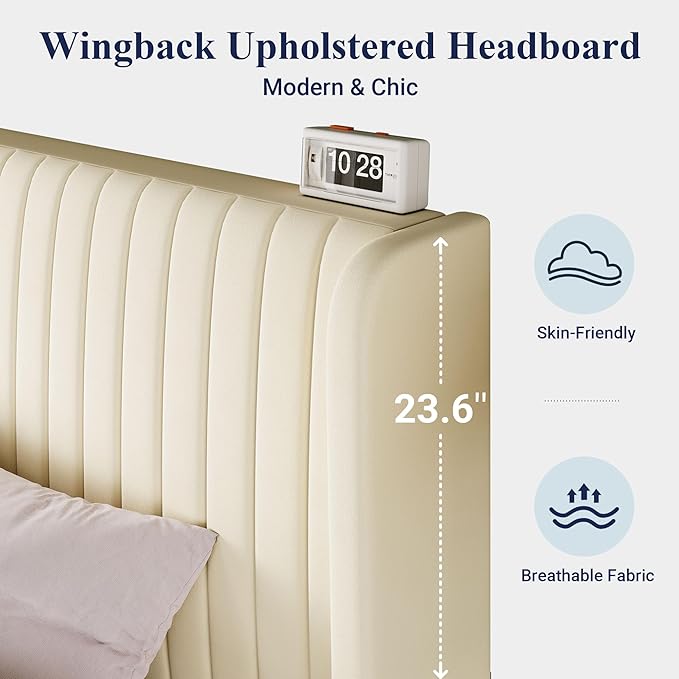 Allewie King Size Velvet Bed Frame/Vertical Channel Tufted Wingback Headboard/Upholstered Platform Bed/No Box Spring Needed/Strong Wooden Slats/Easy Assembly/Cream White