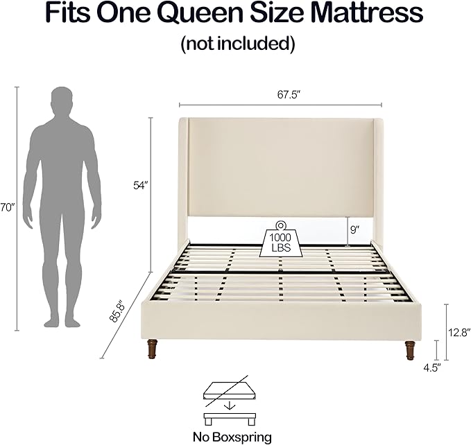 GDFStudio Tall Headboard Upholstered Bed,Queen Size Platform Bed Frame with Headboard Wingback,54" High No Box Spring Needed Easy Assembly Elegant Simplicity Ivory Boucle