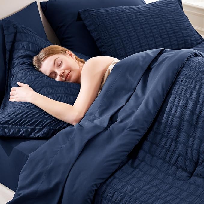 CozyLux Twin Comforter Set with Sheets 5 Pieces, Navy Blue Seersucker Textured Bed in a Bag, Luxury Soft Bedding Sets with Down Alternative Comforter, Sheets, Pillowcase & Sham for All Seasons