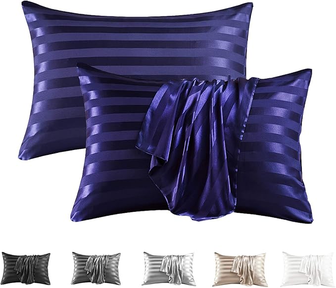 MR&HM Satin Pillowcase for Hair and Skin, Silk Satin Pillowcase 2 Pack, Standard Size Pillow Cases Set of 2, Silky Pillow Cover with Envelope Closure (20x26, Navy Blue Striped)