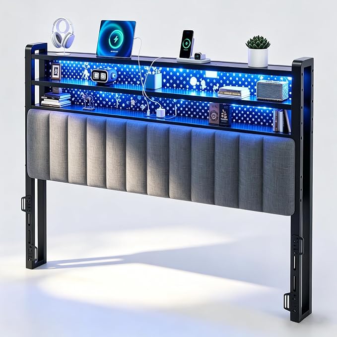 VINGLI Full Size Headboard Only, Adjustable Upholstered Headboard with 3 Tier Shelves and Pegboard with Charging Stations and LED Lights, Modern Bed Headboard with Storage for Bedroom Decor,Dark Gray