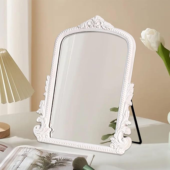 HSDDHOME 11.8" x 9.6" Small White Arched Vanity Mirror, Vintage Makeup Mirror Baroque Style Arendahl Carved Mirror with Frame for Desk Decorative Table Aesthetic for Dresser,Bedroom,Living-Room