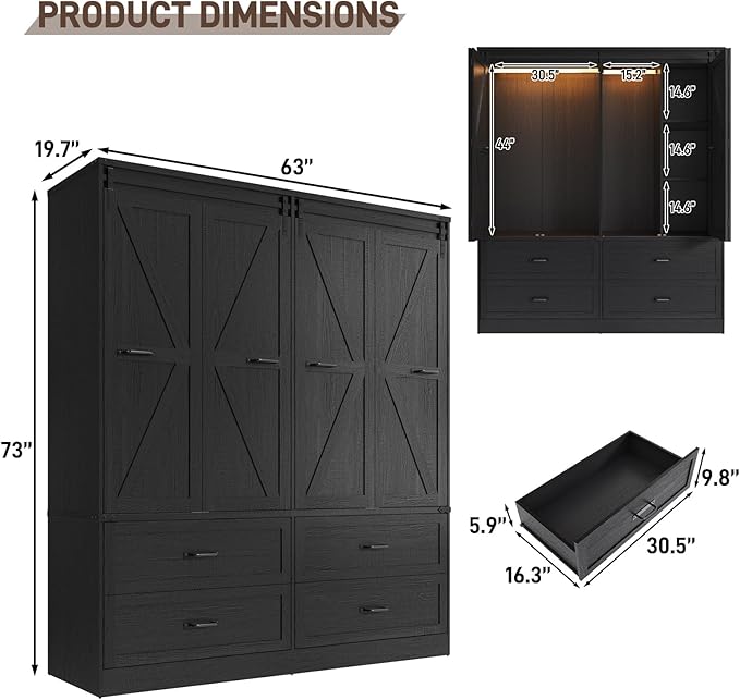 Farmhouse 4 Doors Armoire Wardrobe Closet w/Folding Sliding Barn Door and Lights, LED Armoire Closet w/Drawers for Bedroom, Freestanding Wooden Wardrobe Storage Closets w/Hanging Rod,Rustic Black