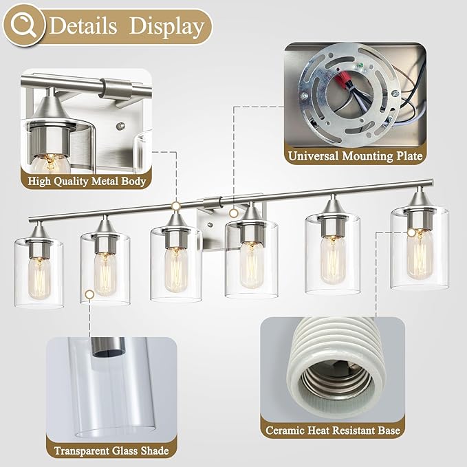 6-Light Bathroom Lighting Fixtures Over Mirror,Brushed Nickel Light Fixture Bathroom,Vanity Light with Clear Glass Shade,Modern Wall Lights for Mirror Bedroom Living Hallway