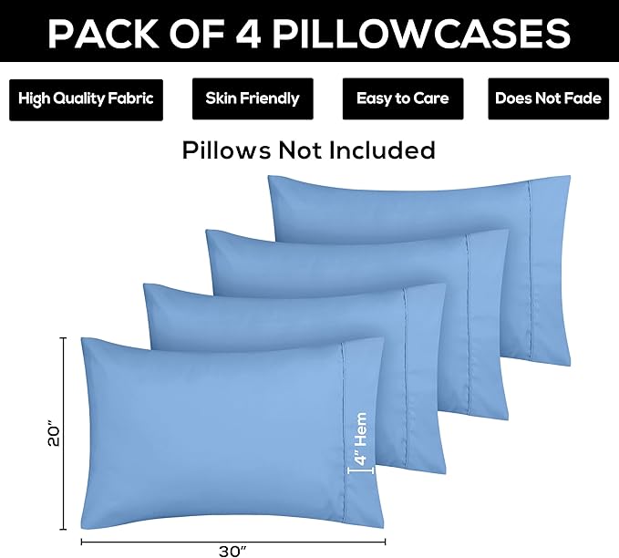 Utopia Bedding Queen Pillowcases - 4 Pack - Envelope Closure - Soft Brushed Microfiber Fabric - Shrinkage and Fade Resistant Pillow Covers Queen Size 20 X 30 Inches (Queen, Dutch Blue)