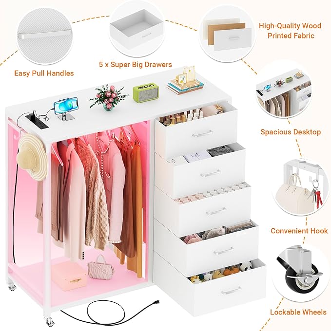 Cyclysio Dresser with Hanging Rack, 5 Fabric Drawers Dresser with Clothes Rack, Wooden Top Storage Chest of Drawers with Charging Station & LED Lights, Lockable Wheels, Closet