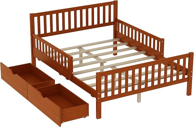 Bellemave Full Bed Frames with Storage Drawers for Kids, Full Bed with Rails, Full beds Frame for Boys/Girls/Adults, Walnut