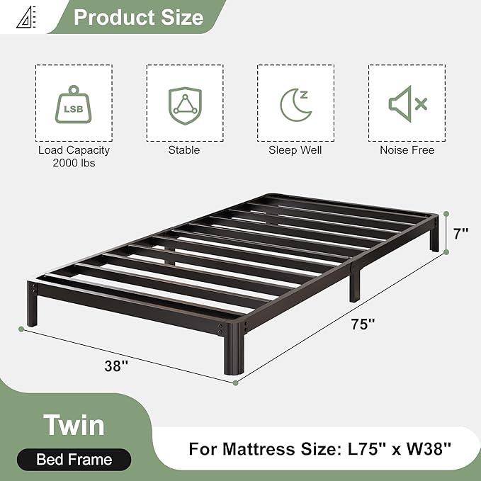 Lutown-Teen 7 Inch Low Twin Bed Frames with Rounded Corner Legs, 1000 LBS Heavy Duty Metal Slats Support Twin Platform Bed Frame No Box Spring Needed, Easy Assembly