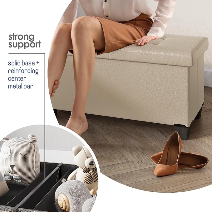 Storage Ottoman Bench with Bins, 43-in Storage Bench for Bedroom End of Bed, Folding Foot Rest Ottoman for Living Room Max 660lbs, Leather Ottomans, Beige