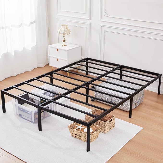 Heavy Duty Metal Bed Frame Full Size 54" W 75 "L 14 "H inch with Storage Mattress Foundation Steel Slats Platform Easy Assembly Black