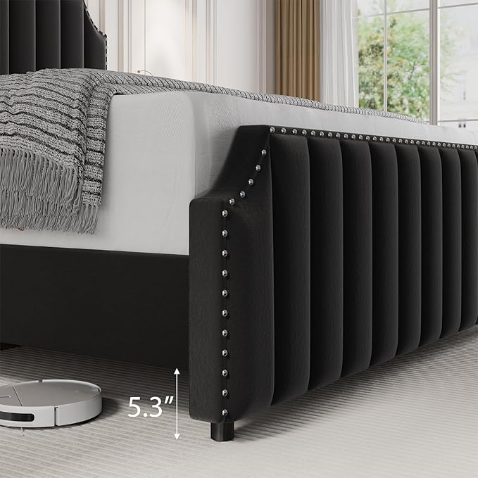 GarveeHome Queen Size Velvet Bed Frame, 50.2" Tall Headboard & Footboard, Upholstered Platform Queen Bed Frame with Nailhead Trim, No Box Spring Needed, Noise Free, Solid Wooden Slats, Black
