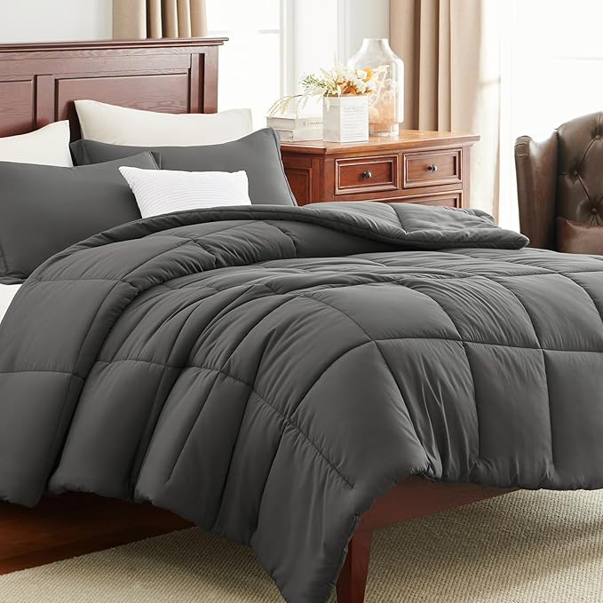 CozyLux Queen Comforter Set - 270GSM Dark Grey Bedding Sets for All Seasons, 3 Pieces Box Stitched Bed Set with 1 Down Alternative Comforter and 2 Pillow Shams, Soft, Lightweight, Breathable