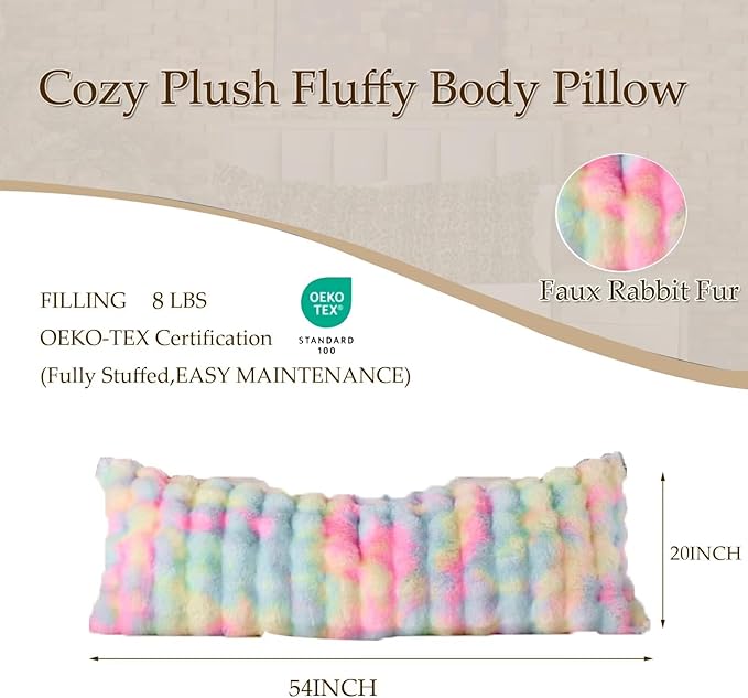 Luxury Shaggy Faux Fur Body Pillow,Fluffy Bed Pillow with Zipper Closure, Soft Decorative Plush Full Long Pillow,Fuzzy Hug Pillow for Home Living Room Side Sleeper & Pregnancy 20"x54" Rainbow