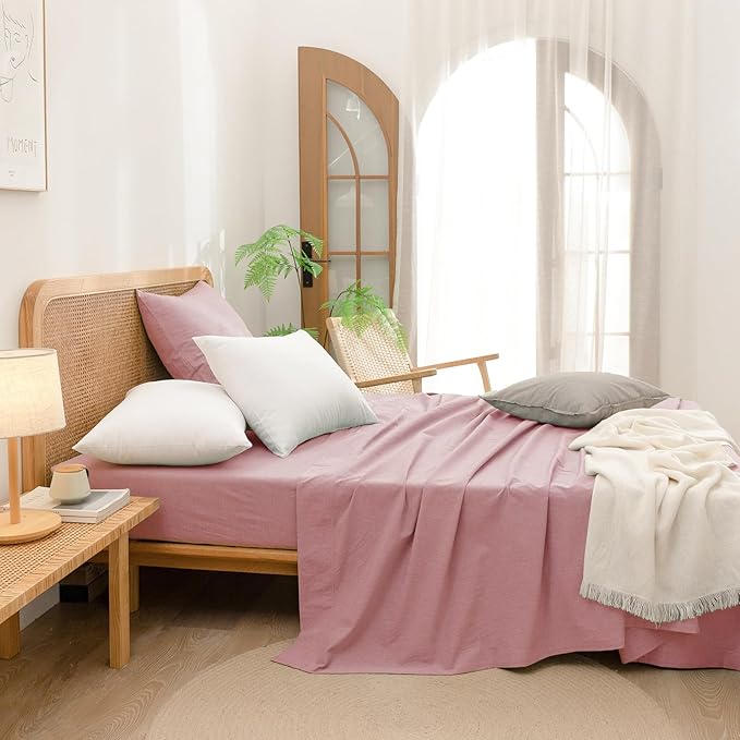 BESTOUCH 100% Washed Cotton Pillowcase for Hair and Skin Linen Feel Soft Comfortable Breathable 2 Set Pillow Case with Envelope Closure Solid Red Pink Euro 26x26 Inches