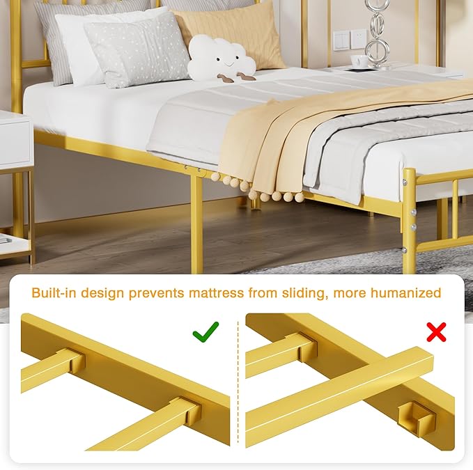 VECELO 14 inch Full Bed Frame Gold Beds Metal Platform Mattress Foundation with headboard Footboard Steel Slat Support/No Box Spring Needed/Easy Assembly