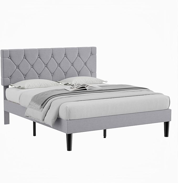 VECELO Queen Size Bed Frame with Button Tufted Headboard, Upholstered Platform Bedframe with Wood Slat Support, No Box Spring Needed, Velvet & White