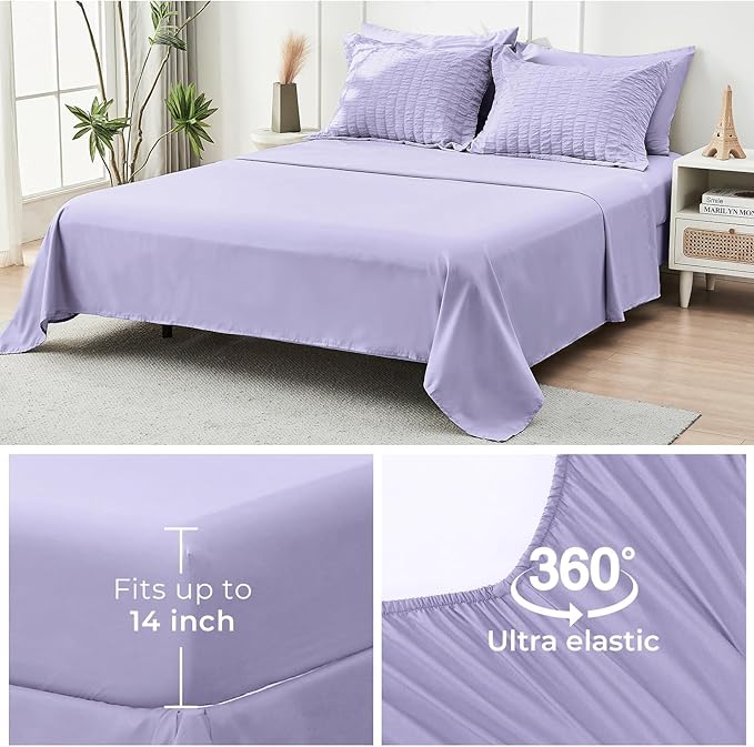 HYMOKEGE Light Purple King Size Comforter Set Seersucker 7 Pieces, All Season Luxury Bed in a Bag for Bedroom, Bedding Set with Comforter, Sheets, Pillowcases & Shams