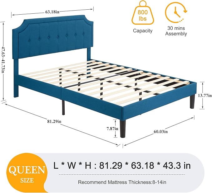 VECELO Queen Upholstered Platform Bed Frame with Adjustable Button Stitched Panel Headboard,Strong Wood Slat Support,Velcro Design,Mattress Foundation/Easy Assembly,Blue