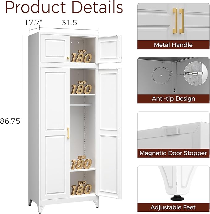 Metal Armoire Wardrobe Closet with Doors, 86" Tall Wardrobe Cabinet, White Clothing Storage Cabinets with Adjustable Shelves for Bedroom, Home Office