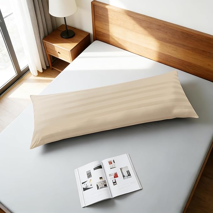 100% Egyptian Cotton Body Pillow Cover Long Pillow Case, 600 Thread Count Bed Pillow Protector with Zipper, Sateen Weave Full Body Pillowcase for Adults 20x54 Inches (1PC, Body, Striped Beige)