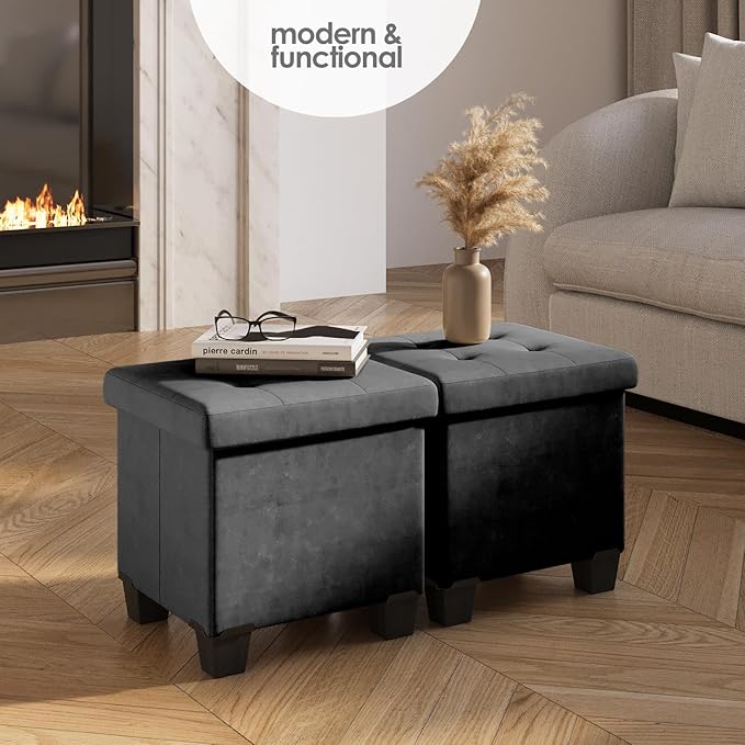 Storage Ottoman Cube with Small Bin, 15-in Square Ottoman with Storage for Living Room and Bedroom, Small Ottomans Foot Rest, Velvet Foot Stools Ottomans Max 330lbs, Grey